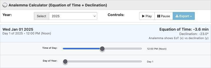 Analemma tool inputs for the year and play/stop tracking the sun's position