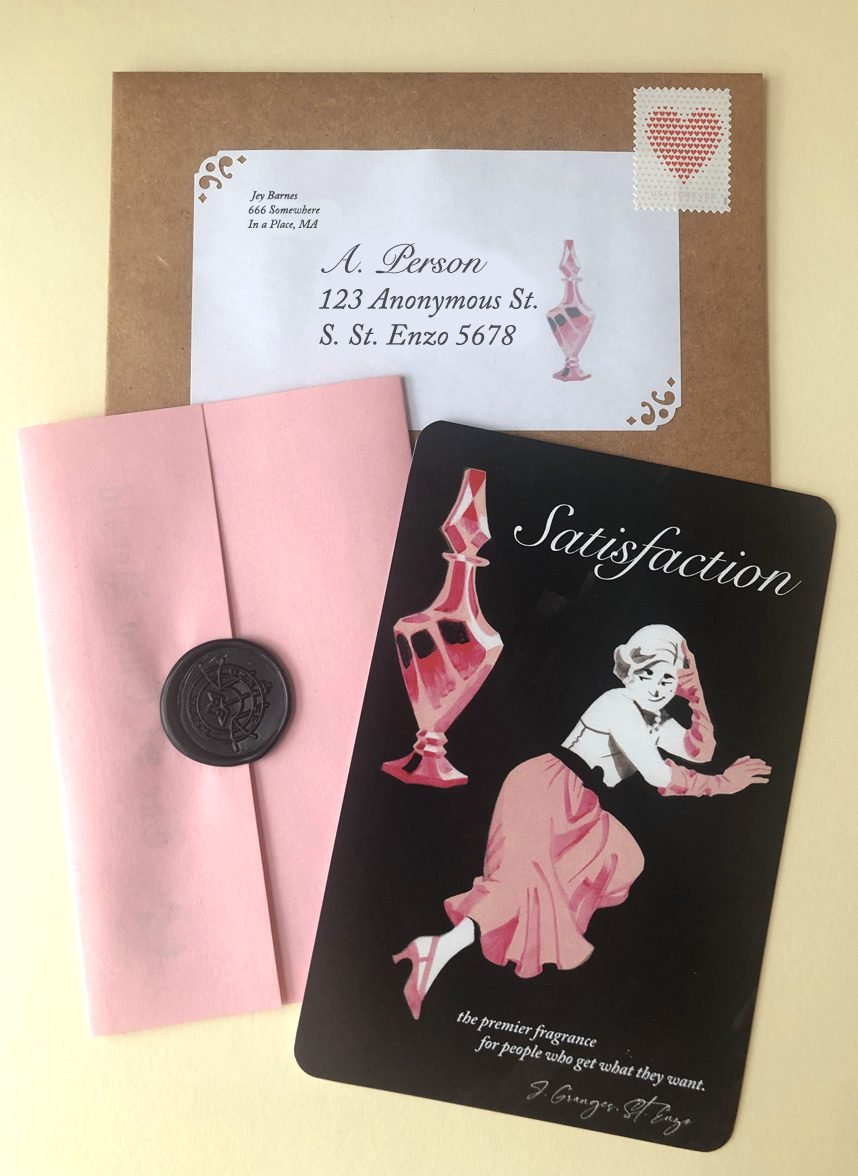 a Job Satisfaction postcard bundle featuring a print of Lemme as a mid-century perfume ad pinup and a pink newsletter sealed with black wax