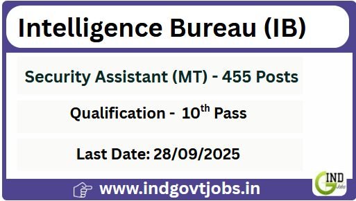 IB Security Assistant MT Recruitment 2025 online to get 455 vacancies