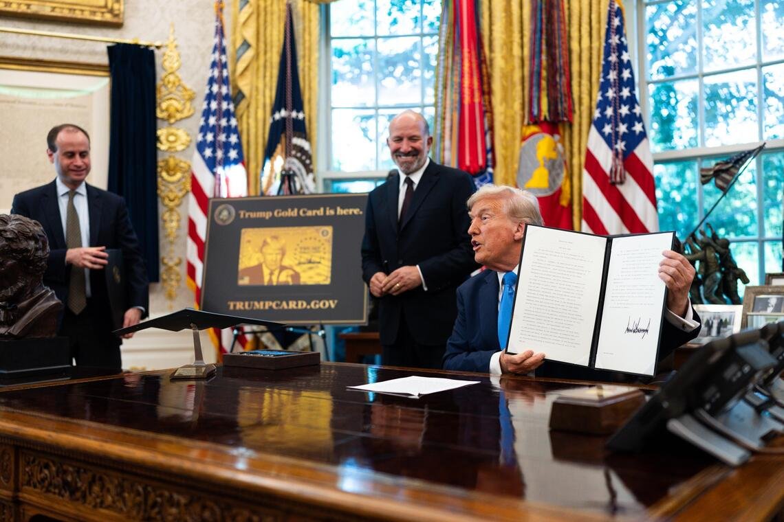 President Donald Trump after signing a proclamation instituting a $100,000 fee for visas given to some highly skilled foreign workers in the Oval Office on Friday, Sept. 19, 2025. The Trump administration sought to address the confusion on Saturday by saying that the fee would only apply to new applicants, and renewals or current visa holders would not be affected. (Tierney L. Cross/The New York Times)