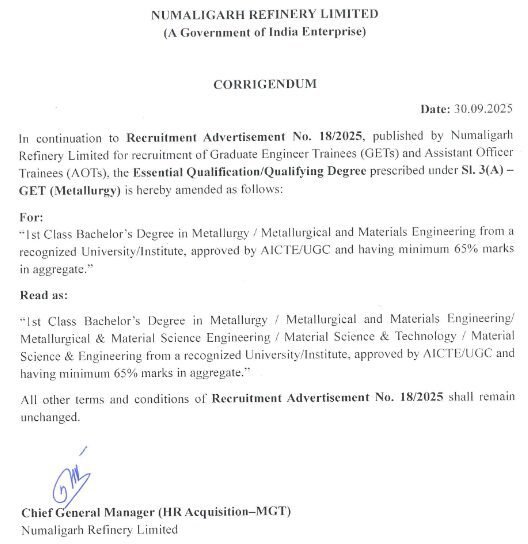 NRL Recruitment 2025 Apply Online 98 GET Assistant Officer Trainee