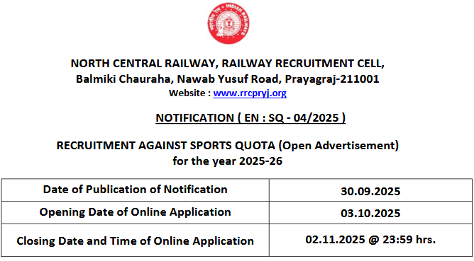 North Central Railway Sports Stix Trust 2025: Apply for 46 Posts