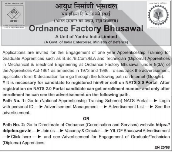 Ordnance Factory Bhusawal Recruitment 2025 Apply for 46 Trainee Posts