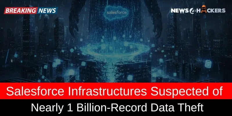 Cybersecurity concept showing Salesforce cloud infrastructure under digital attack, symbolizing a suspected data breach of nearly one billion records.