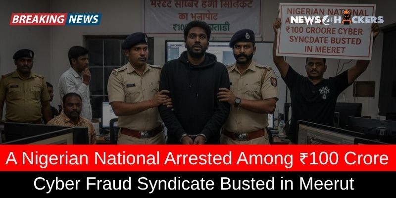 Nigerian national arrested by Indian police as part of a ₹100 crore cyber fraud syndicate busted in Meerut.