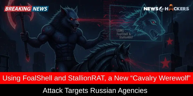 Illustration showing a werewolf-themed hacker group using FoalShell and StallionRAT malware to attack Russian agencies in a dark cyber warfare scene.